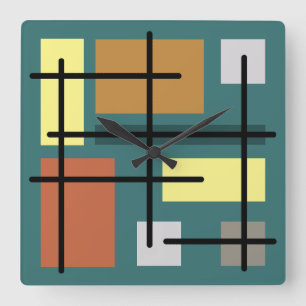 Horloge Carrée Rectangles du Moyen-siècle Carré Turquoise multico