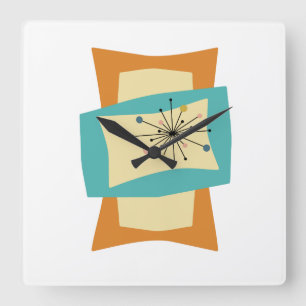 Horloge Carrée Rectangles tranchées Crème turquoise orangée Moyen