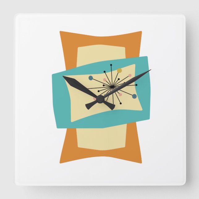 Horloge Carrée Rectangles tranchées Crème turquoise orangée Moyen (Recto)