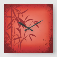 Red bamboo grunge square clock