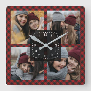 Horloge Carrée Red Buffalo Plaid Lumberjack Family Photo Collage