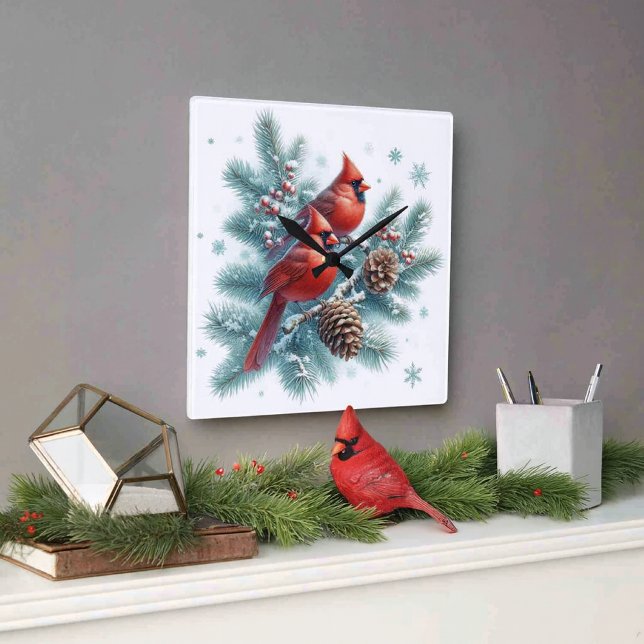 Horloge Carrée Red Cardinal Bird and Pine Wall Clock (Add cozy ambiance to your space with red cardinal birds wall clock. )