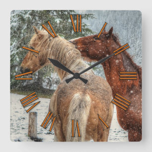 Horloge Carrée Red Dun & Palomino Hivernal Chevaux Photo équine