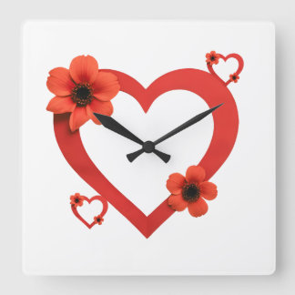 Horloge Carrée Red Heart Wood Sign, Minimalist Style.