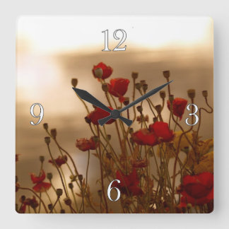Horloge Carrée Red Poppies & Sunlight Flowers Flora Photo Clock