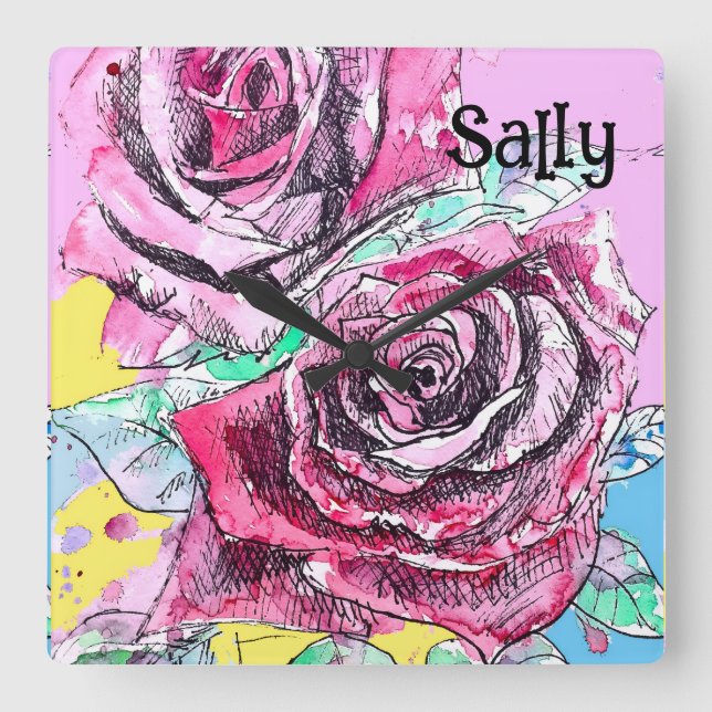 Horloge Carrée Red Rose Roses Watercolour Floral Flowers Flower (Recto)