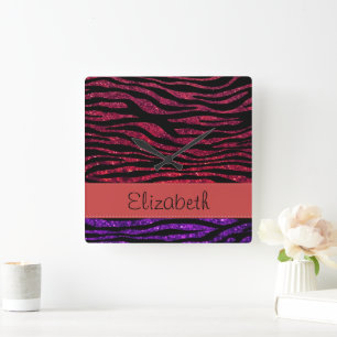 Horloge Carrée Red Zebra, Purple Zebra, Glitter Zebra, Your Name
