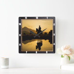 Horloge Carrée Réflexion du cheval couché de soleil Cowboy