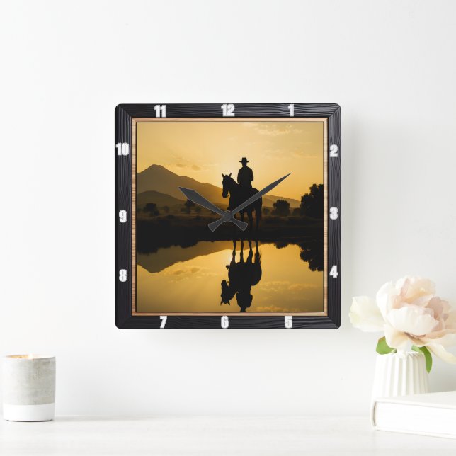 Horloge Carrée Réflexion du cheval couché de soleil Cowboy (Maison)