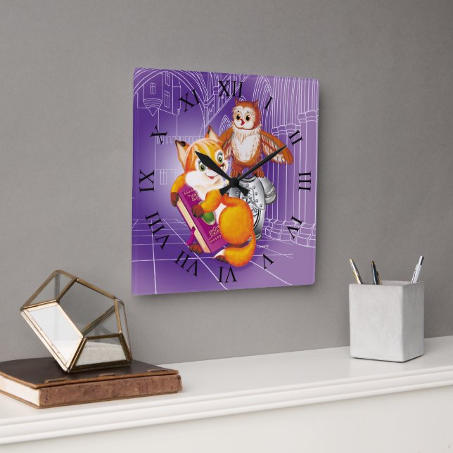 Horloge Carrée renard et hibou (Bureau)