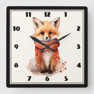 Horloge Carrée Renard mignon en écharpe rouge