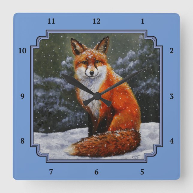 Horloge Carrée Renard rouge mignon en neige hivernale (Recto)