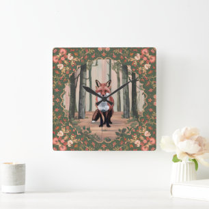 Horloge Carrée Renard vintage dans les Bois Art inspiré par la na