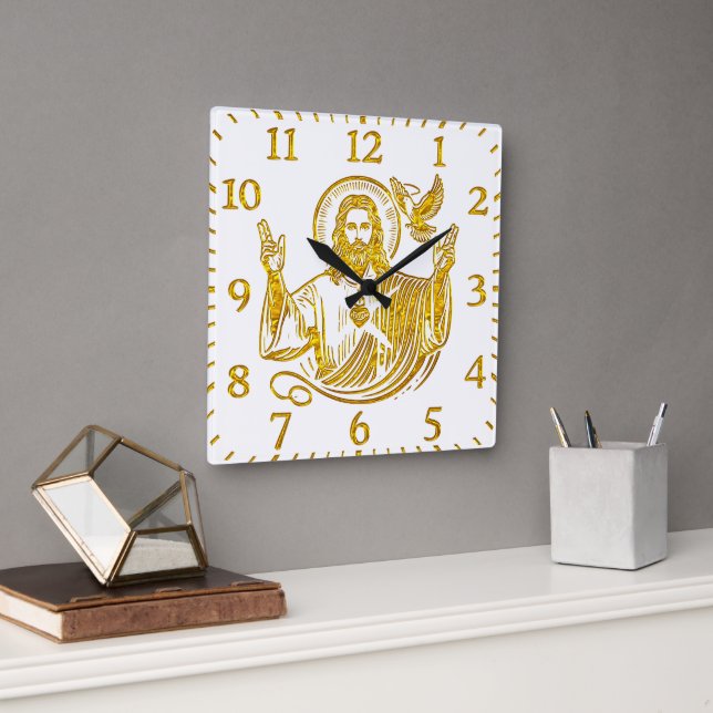 Horloge Carrée Représentation dorée de Jésus avec une colombe (Bureau)