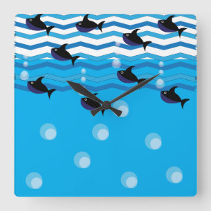 Horloge Carrée Requins Poisson Océan Bleu Enfants