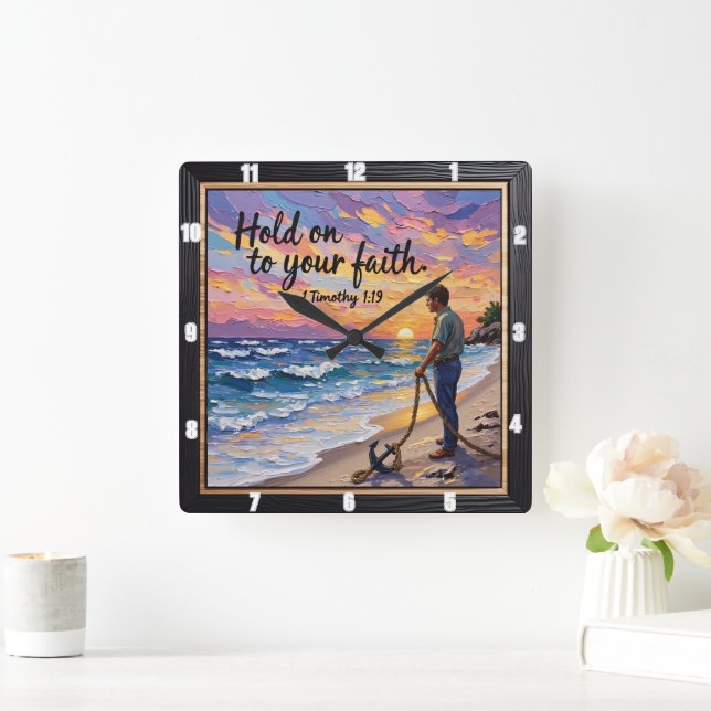 Horloge Carrée Reste fidèle à ta foi. 1 Timothée 1:19 (Maison)