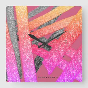 Horloge Carrée Résumé personnalisé rose arc-en-ciel gris rayures 