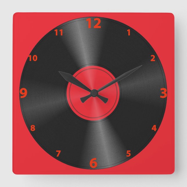 Horloge Carrée Rétro, Album Disque Rouge & Noir (Recto)