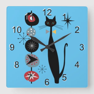 Horloge Carrée Retro Atomique Moyen Siècle Moderne MCM Cool Chat 