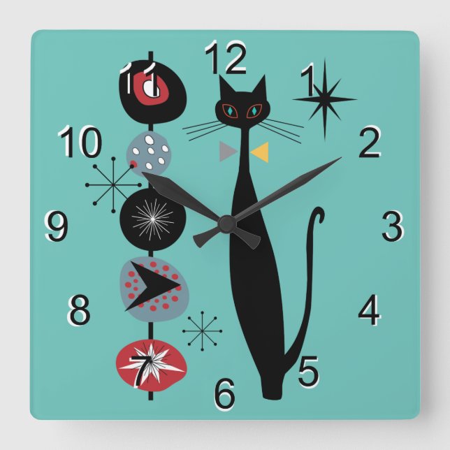 Horloge Carrée Retro Atomique Moyen Siècle Moderne MCM Cool Chat  (Recto)