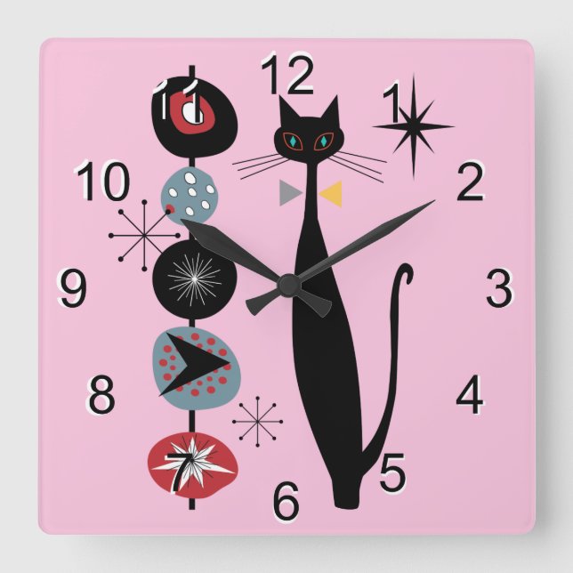 Horloge Carrée Retro Atomique Moyen Siècle Moderne MCM Cool Chat  (Recto)