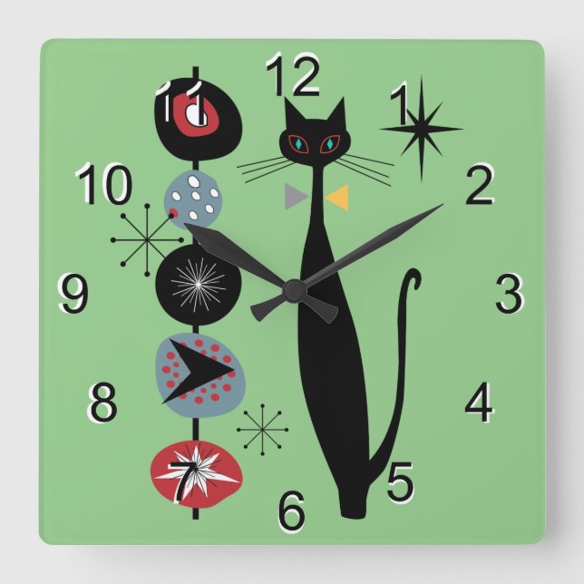 Horloge Carrée Retro Atomique Moyen Siècle Moderne MCM Cool Chat  (Recto)