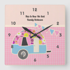 Horloge Carrée Rétro Campervan Pink Blue Hipster Shabby Chic
