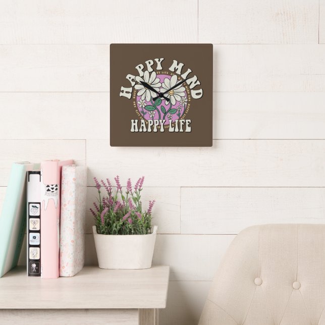 Horloge Carrée Retro Happy Mind Happy Life (Salle de lecture)
