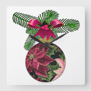 Horloge Carrée Retro les années 50 Poinsettia Ornement Bourgogne