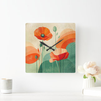 Horloge Carrée Retro Modern Abstract Poppy Floral Art