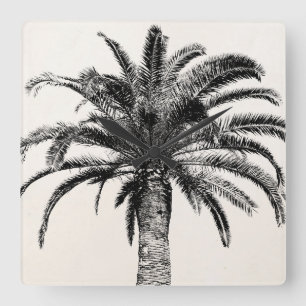Horloge Carrée Rétro palmier tropical d'île en noir et blanc