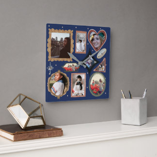 Horloge Carrée Retro Personalized 12 Photo Collage Template DIY