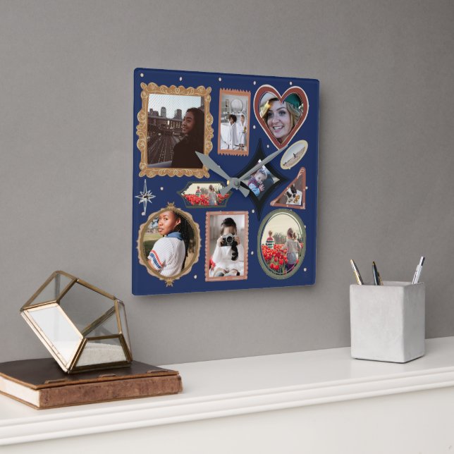 Horloge Carrée Retro Personalized 12 Photo Collage Template DIY (Bureau)