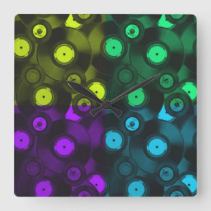 Horloge Carrée Retro Records Neon Colorful Collage