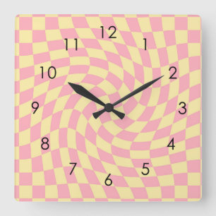 Horloge Carrée Retro Yellow Pink Check Warped Checkered Dorm