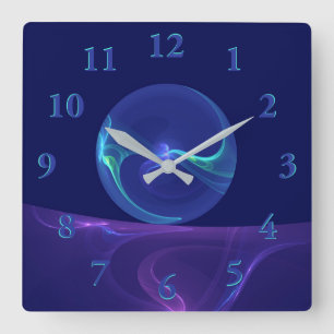 Horloge Carrée Rêve bleu violet lumineux Art fractal abstrait