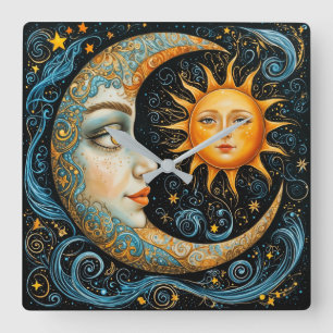 Horloge Carrée Rêve céleste fantasque : Lune et Soleil.