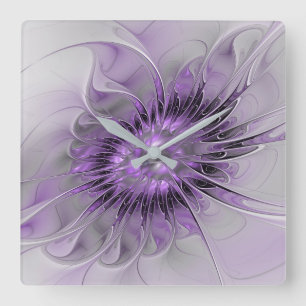 Horloge Carrée Rêve de Fleur de Lavande Moderne Art Fractal Abstr