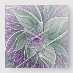Horloge Carrée Rêve de fleurs, Abstrait violet vert Fractal Art