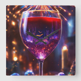 Horloge Carrée Rêverie crépusculaire : Vin, Étoiles et Vampires u