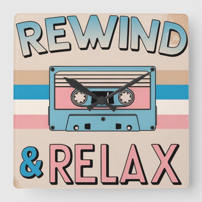 Horloge Carrée Rewind & Relax Retro Cassette Art (Recto)