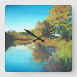 Horloge Carrée Rivières Arbres Automne Paysage Art