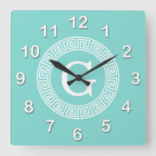 Horloge Carrée Robin Oeuf Wht Grille Grecque Cadre Rnd Initial Mo