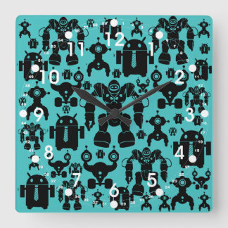 Horloge Carrée Robots Règle amusant Robot Silhouettes Motif Bleu