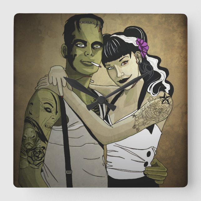 Horloge Carrée Rockabilly Frank et Bride (Recto)