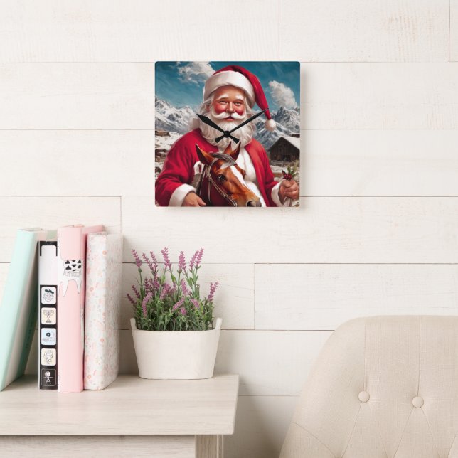 Horloge Carrée Rocky Mountain Santa and His Horse (Salle de lecture)