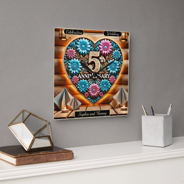 Horloge Carrée Romance rustique : Charme du 5e anniversaire (Bureau)