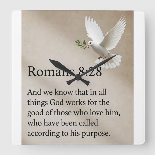 Horloge Carrée Romans 8:28 Bible Verse Wall Clock (Recto)