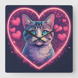 Horloge Carrée Romantic Cat Lover Gift | Aesthetic Neon Animal