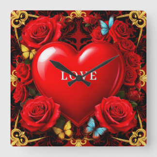 Horloge Carrée Romantic Red Heart Framed by Roses and Butterflies
